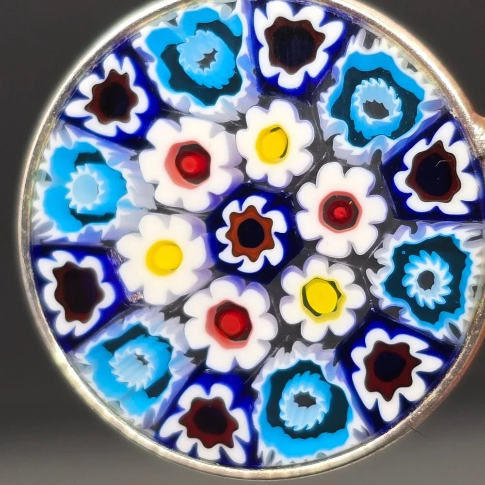 Murano Glass Millefiori Pendant 1" Sterling Silver Blue White Italy Signed PD - Picture 7 of 9